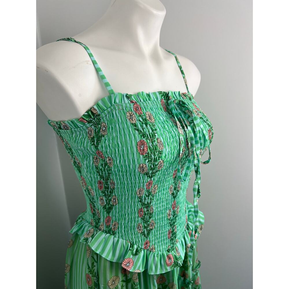 Women's Green Sheer Floral Ruched Tiered Ruffle Garden Party Whimsical Dress - Picture 2 of 6